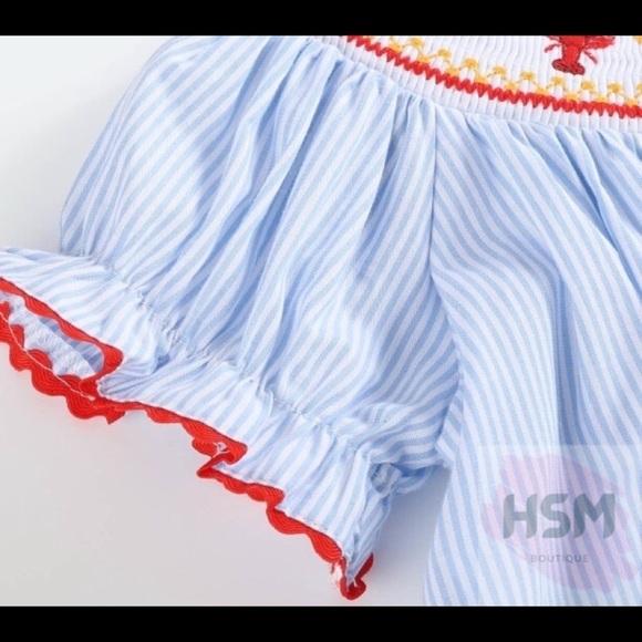 🦞Smocked Pinstriped Crawfish Bishop Embroidery Blue Dress 1522 - Picture 3 of 4